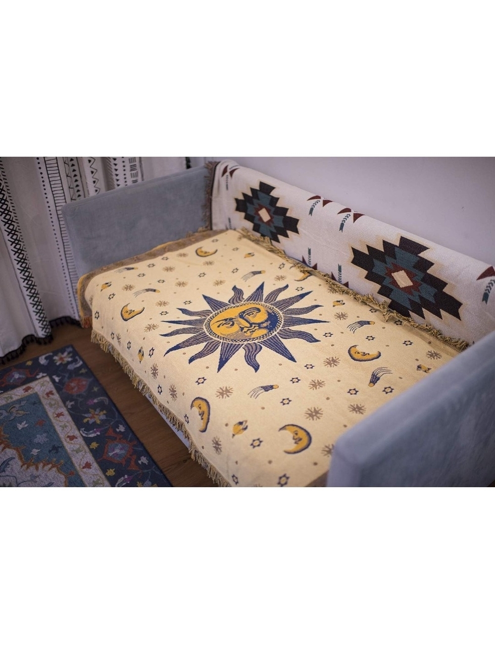 Sun & Moon Fringe Throw Blanket - Yellow REVERSIBLE